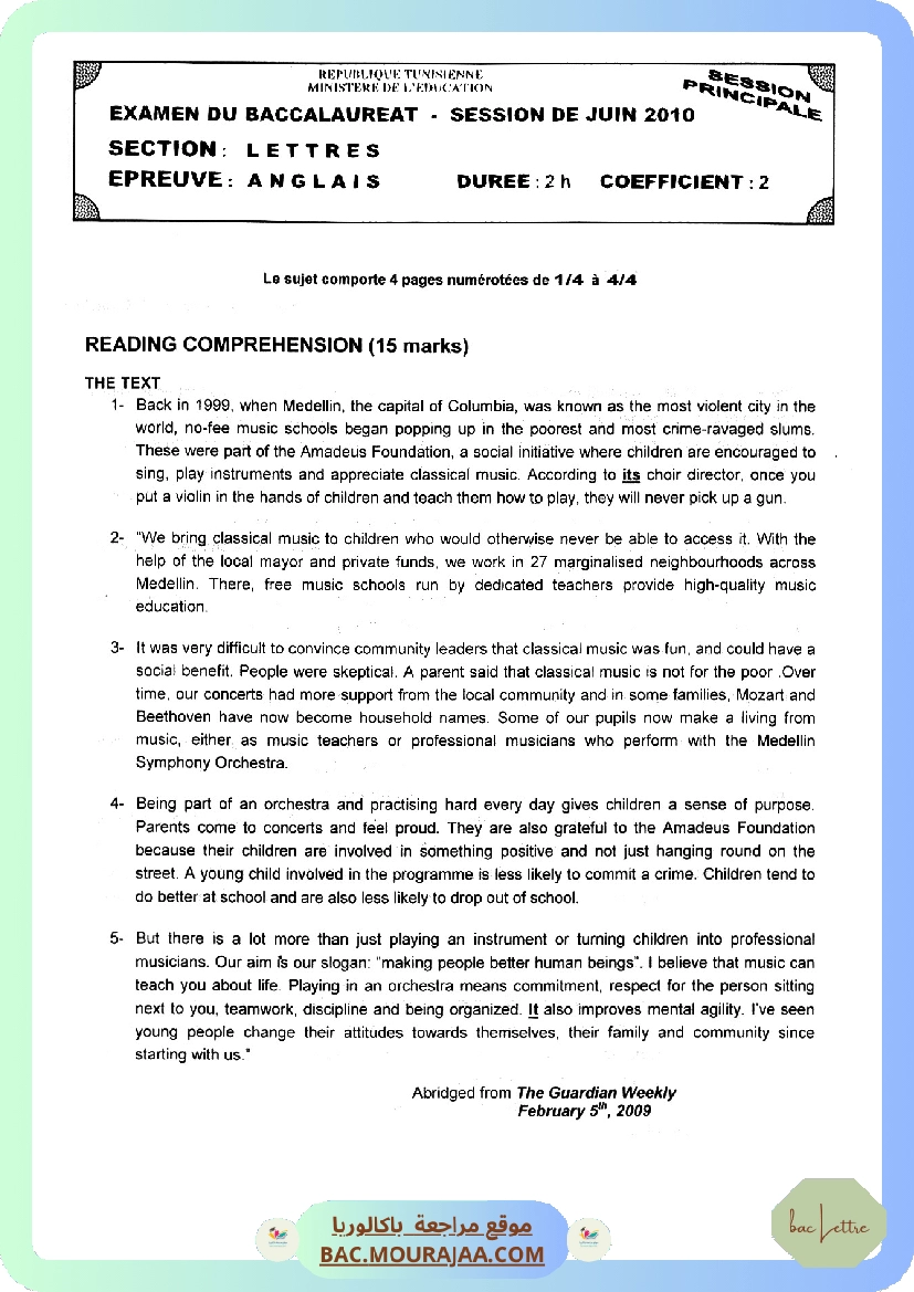 Sujet principale anglais Bac 2010 – Section lettre